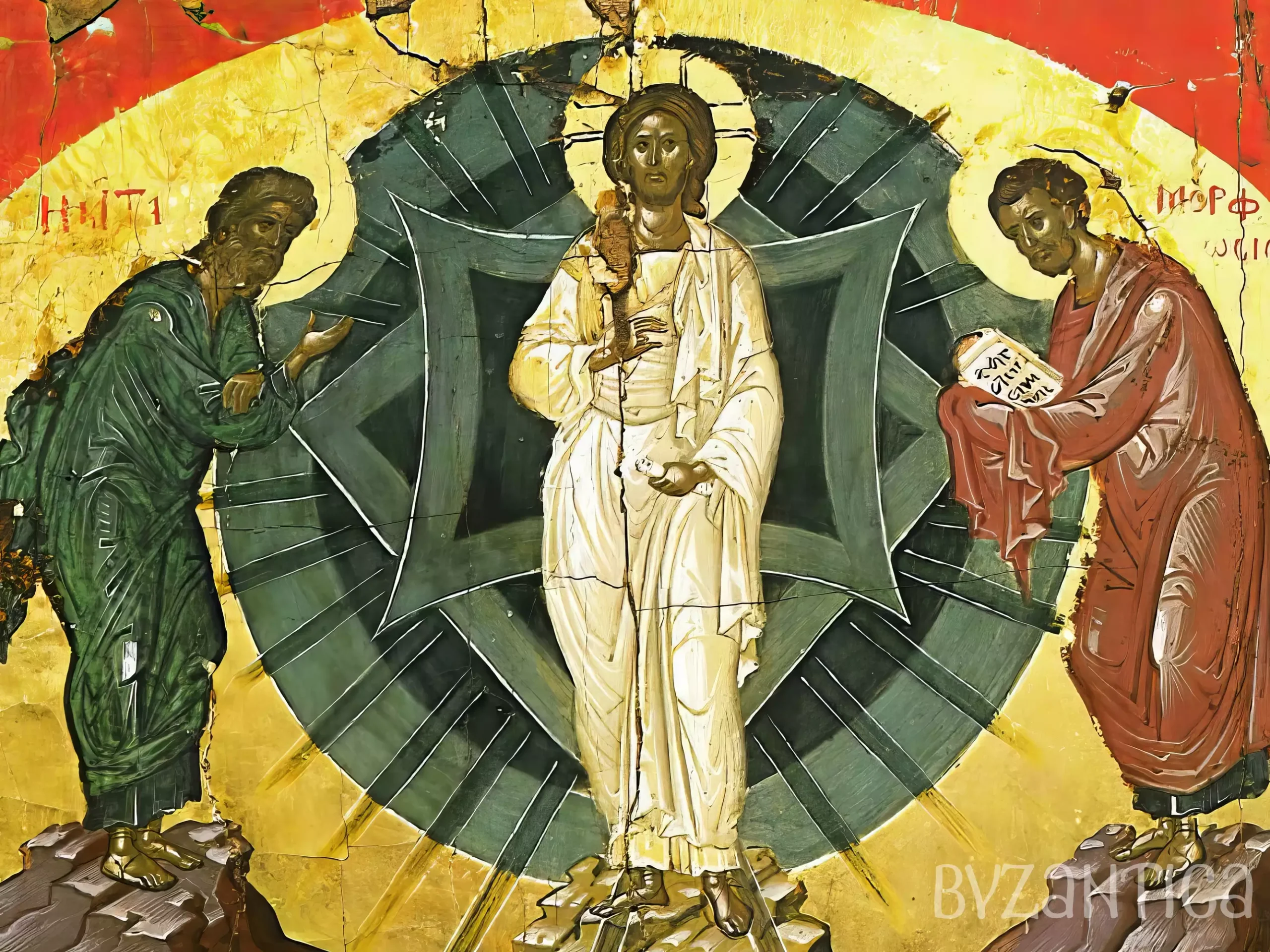 Detail of Christ figure from The Transfiguration Icon by Theophanes the Cretan, showing mandorla and prophets