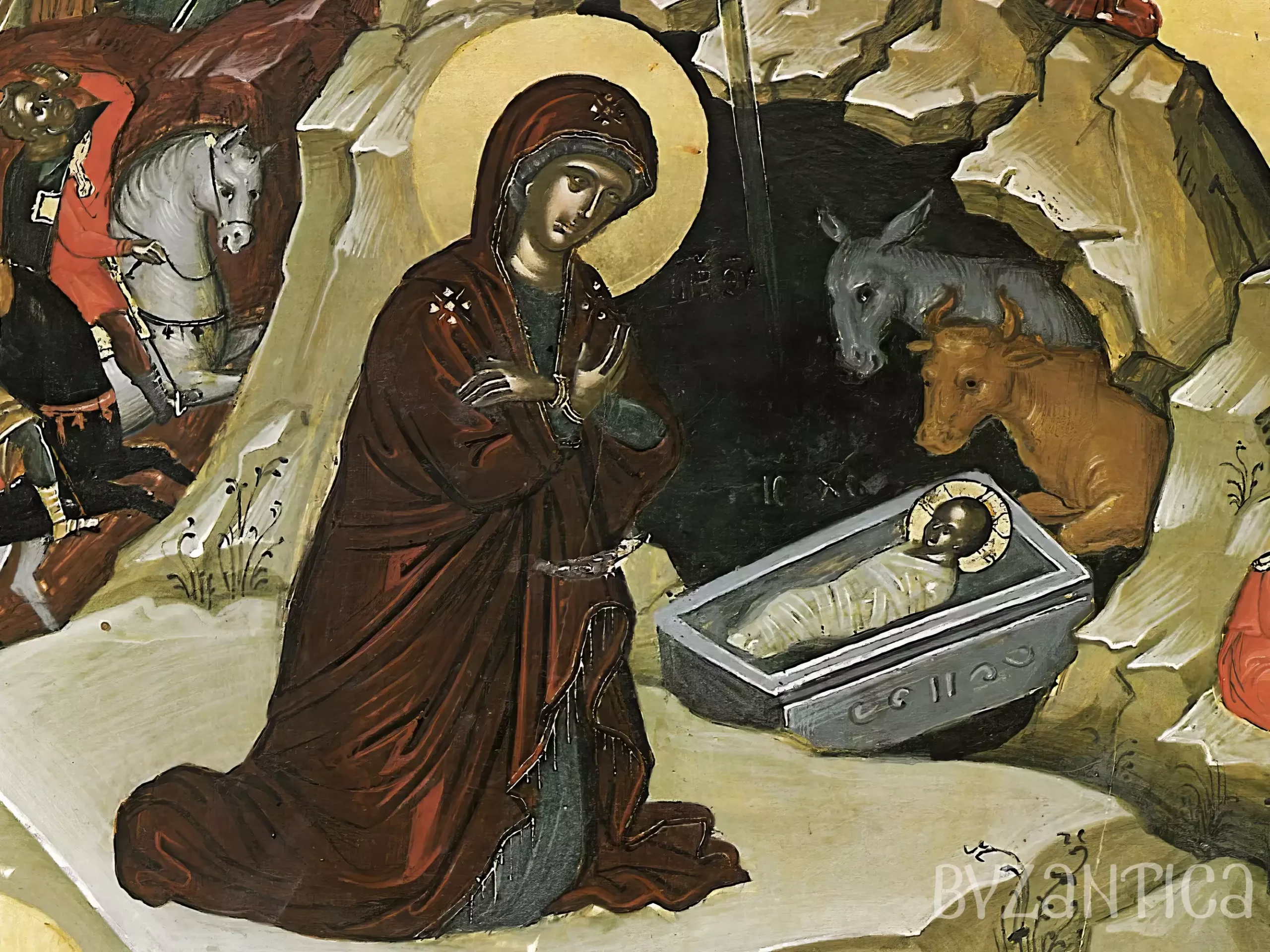 A detail from The Nativity of Christ icon by Theophanes showing Mary kneeling before the infant Christ in a cave