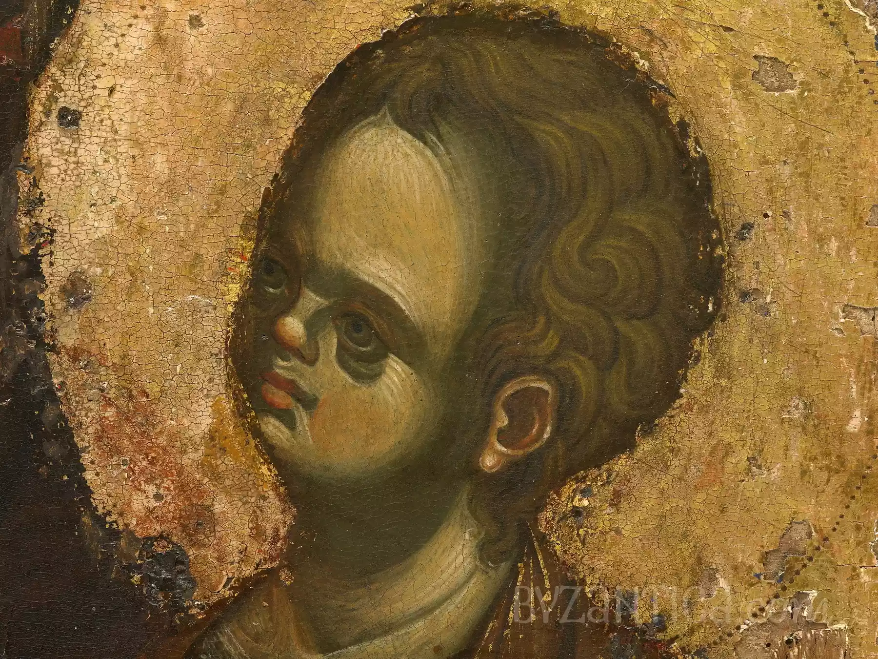 Close-up detail of Christ child's face in the Hodegetria icon at Vatopediou, Byzantine icon