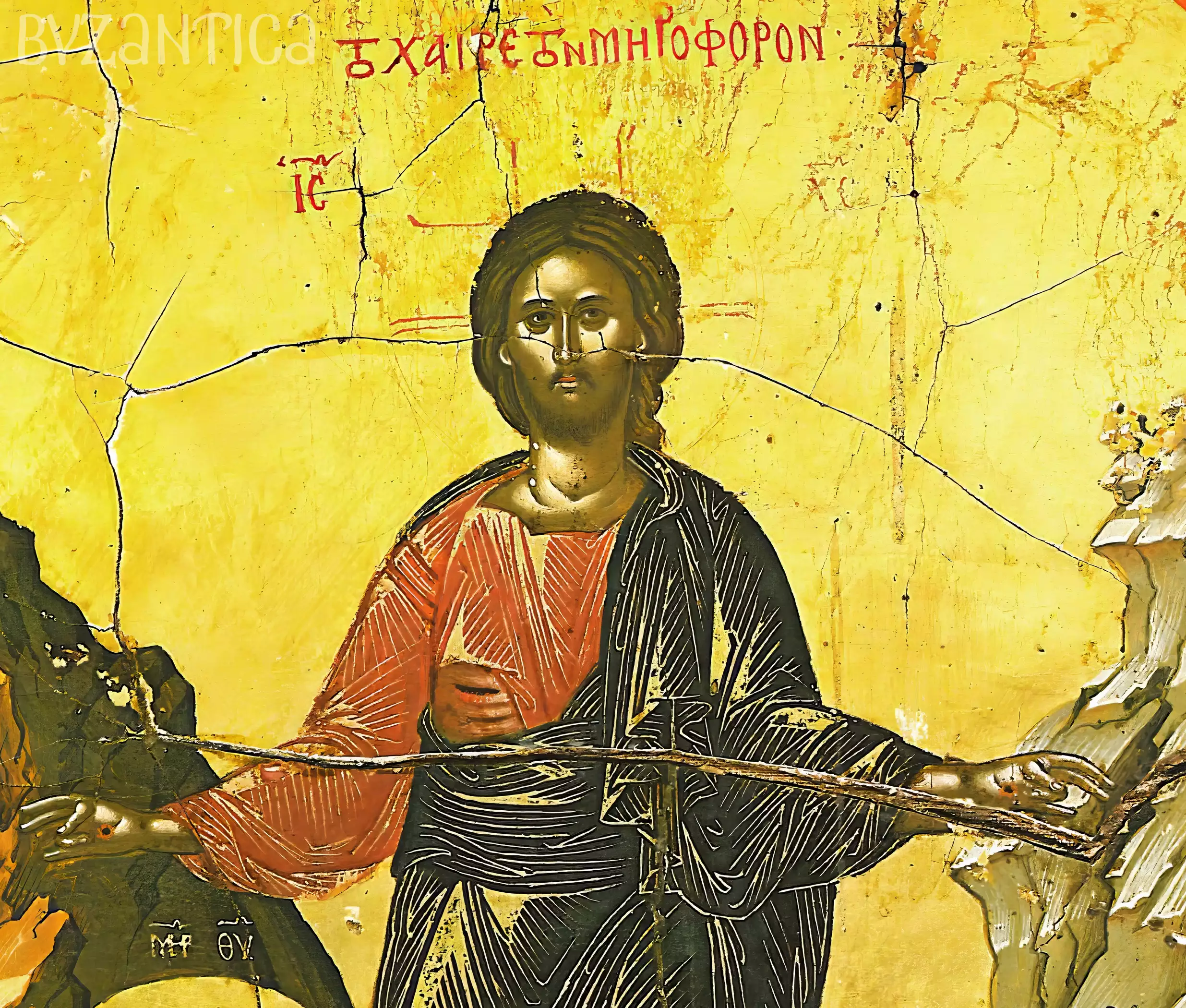 Detail of Christ figure from Noli Me Tangere Byzantine icon by Theophanes the Cretan at Stavronikita