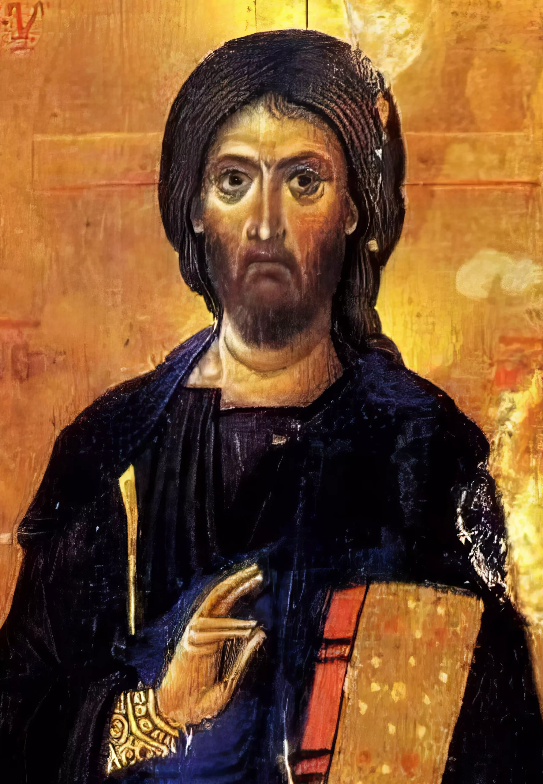 Detail of Christ Pantocrator from the 11th century Deesis Icon at Saint Catherine's Monastery, showing masterful execution of divine presence through egg tempera and gold leaf