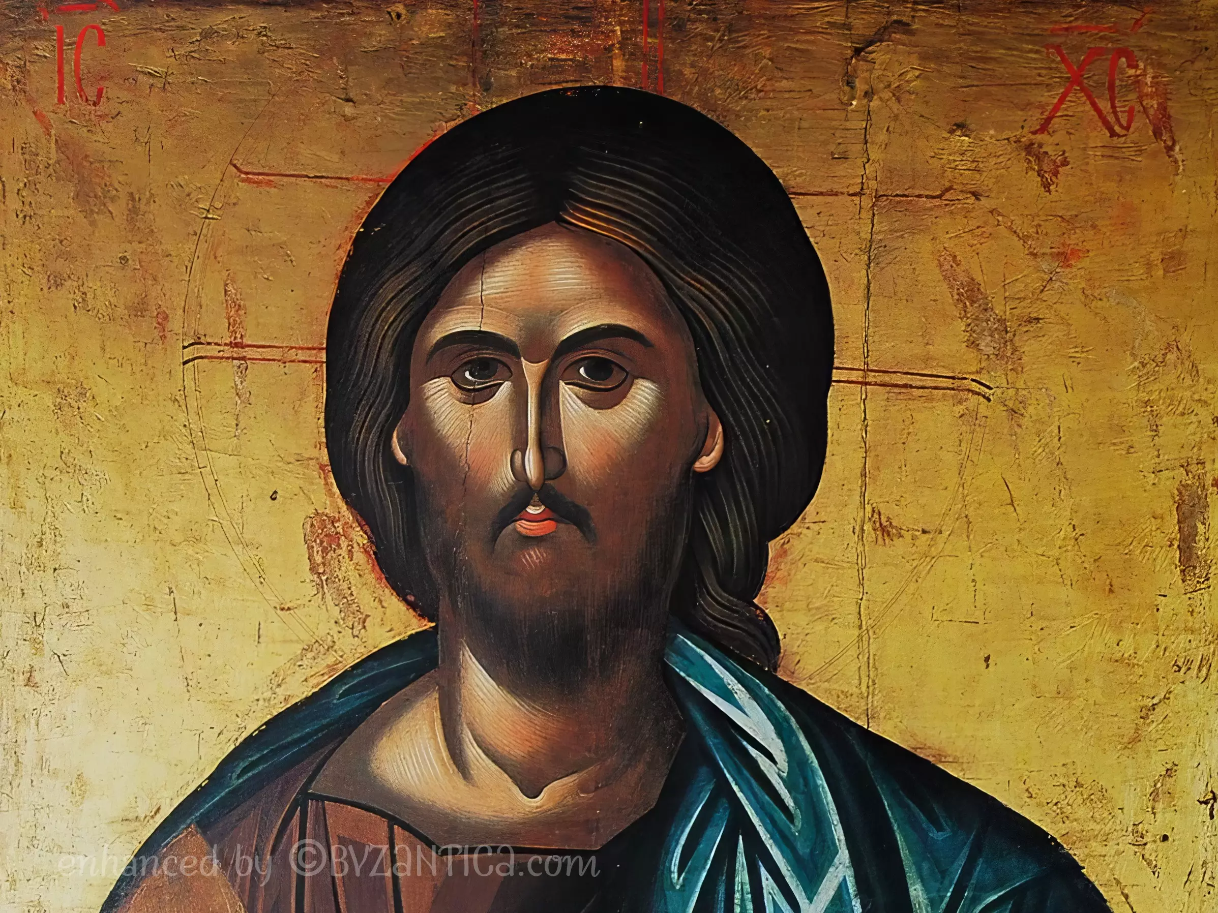 Euphrosynos Deisis in Dionysiou icon detail showing Christ's face with solemn expression and golden background