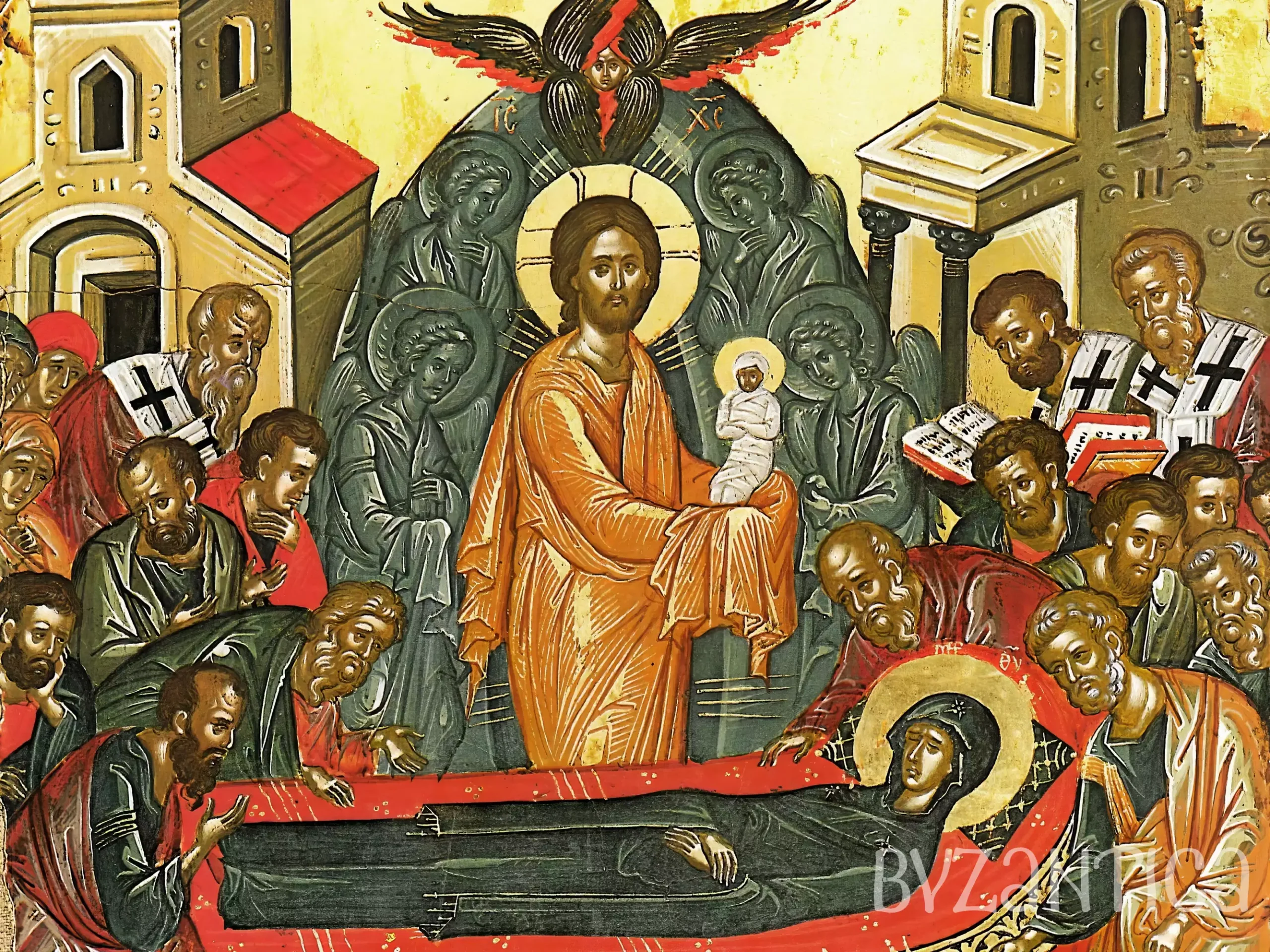 Stavronikita Dormition by Theophanes detail showing Christ with mandorla in Byzantine icon