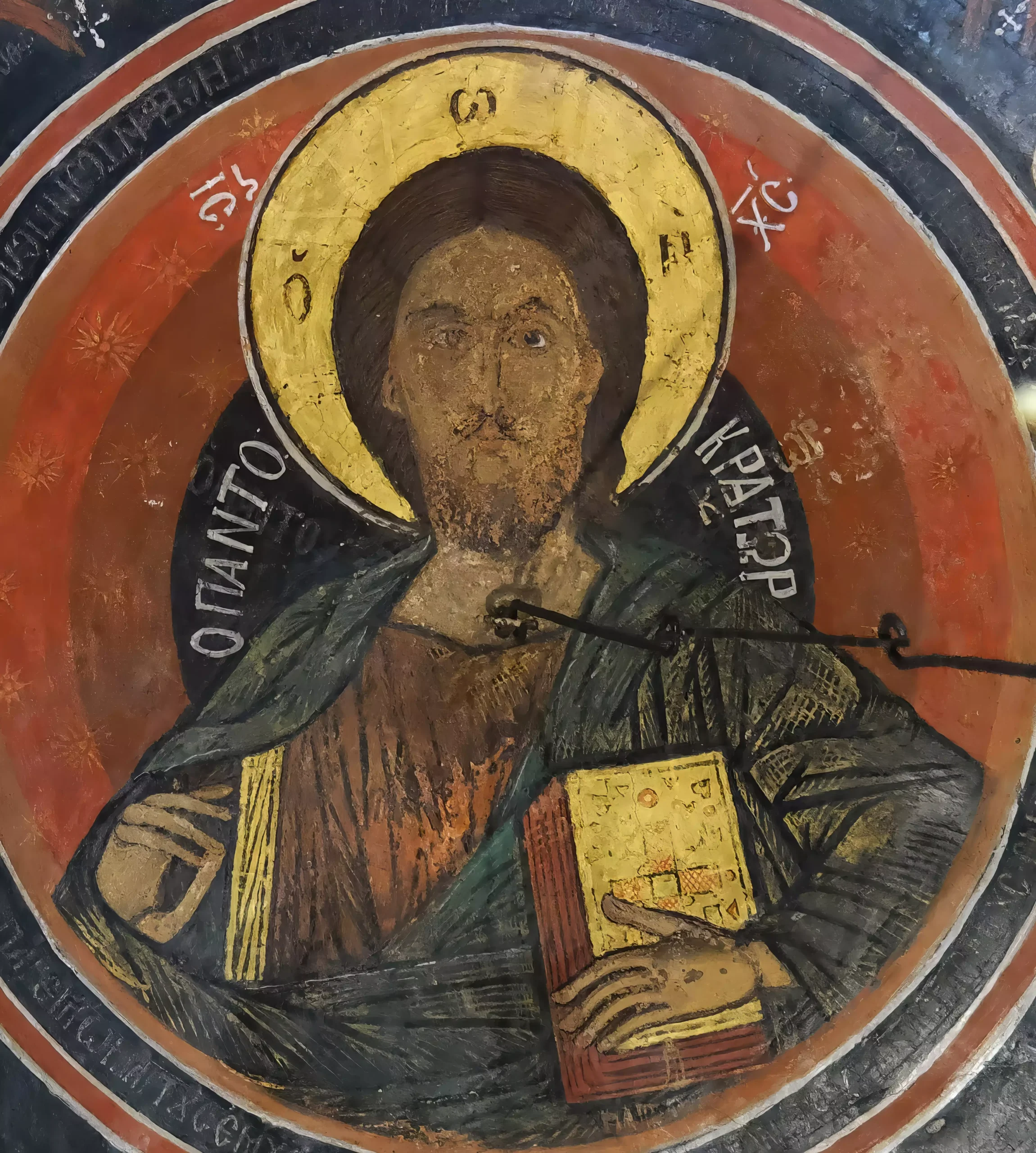 A close study of the central medallion from Pelekiti Monastery's dome fresco, revealing the master's technique in capturing divine presence through egg tempera and gold leaf