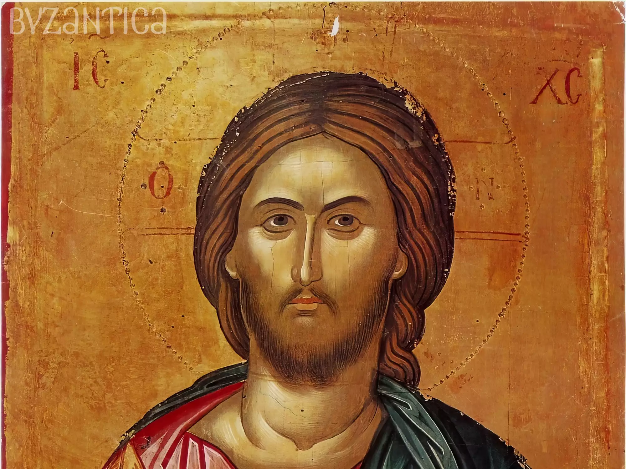 Detail of Christ Pantocrator Icon by Theophanes the Cretan, showing face with nimbus (Byzantine icon)