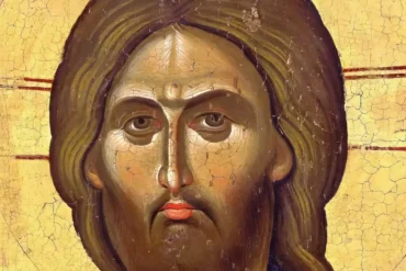 detail of Christ's face from 13th century Christ Pantocrator icon at Vatopedi Monastery showing masterful technique