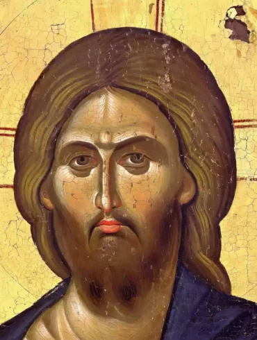 detail of Christ's face from 13th century Christ Pantocrator icon at Vatopedi Monastery showing masterful technique