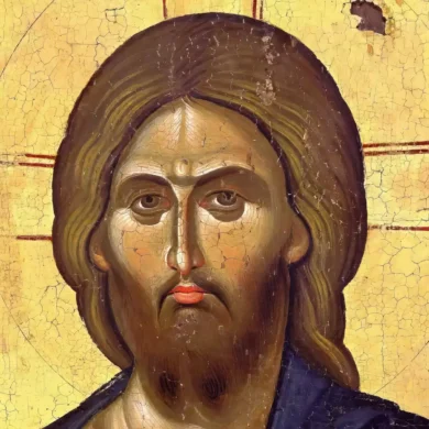 detail of Christ's face from 13th century Christ Pantocrator icon at Vatopedi Monastery showing masterful technique