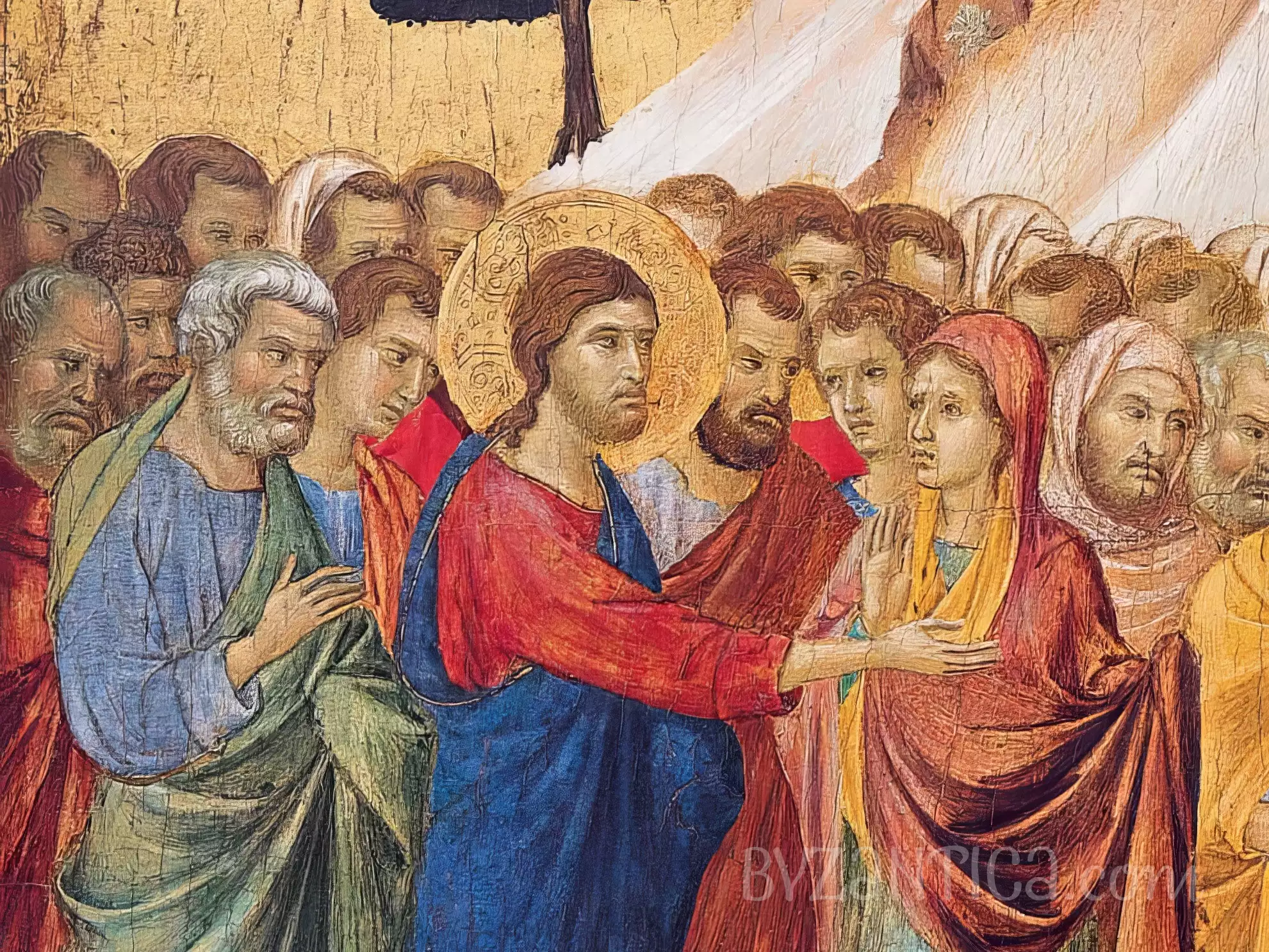 Lazarus Raising by Duccio detail showing Christ and apostles, tempera painting with gold leaf