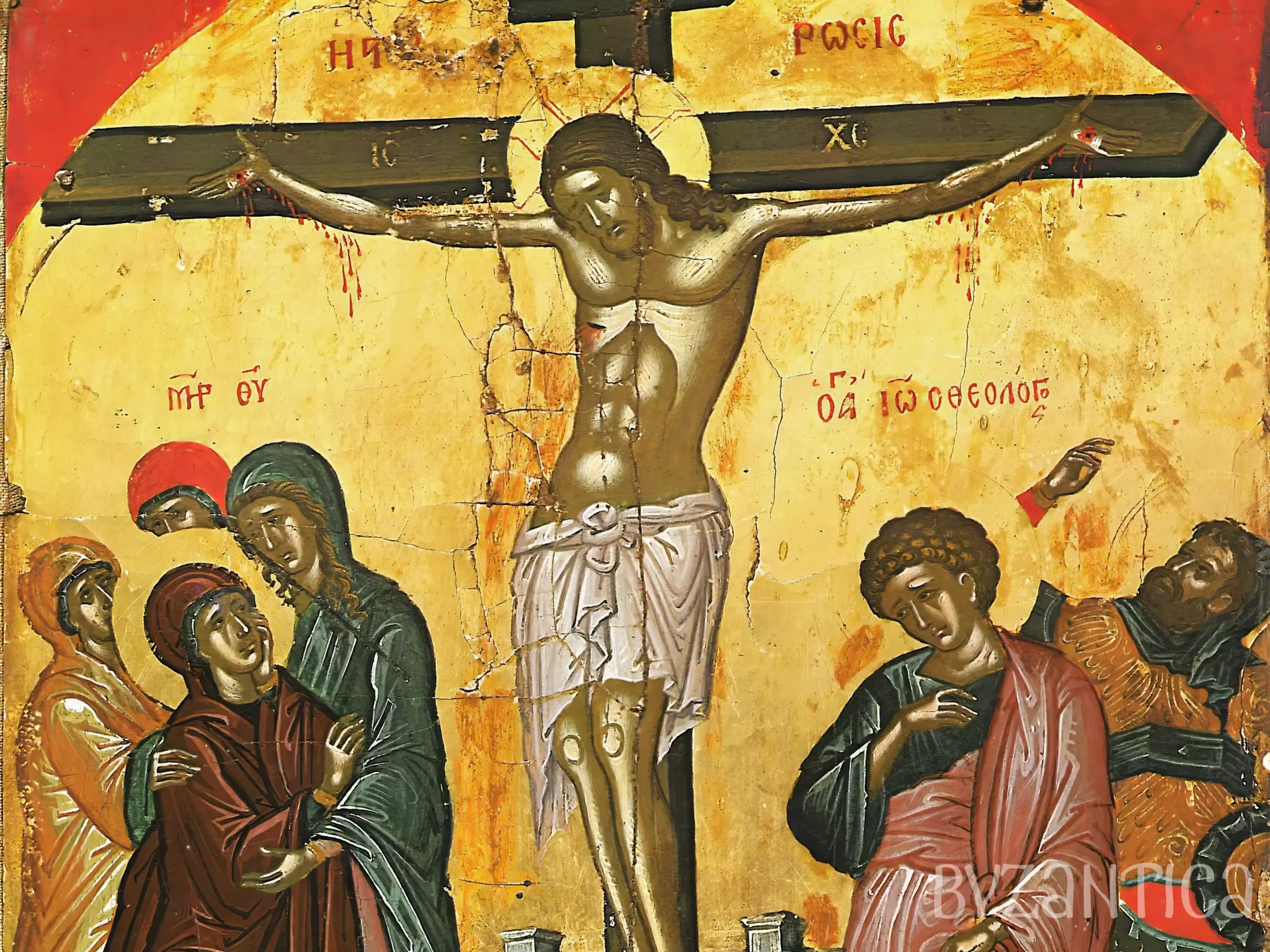 A close-up detail of the Crucifixion icon by Theophanes showing Christ's torso on the cross