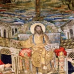 Christ in Majesty mosaic detail showing Christ enthroned with apostles and architectural background in Santa Pudenziana Rome