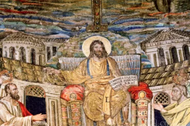 Christ in Majesty mosaic detail showing Christ enthroned with apostles and architectural background in Santa Pudenziana Rome