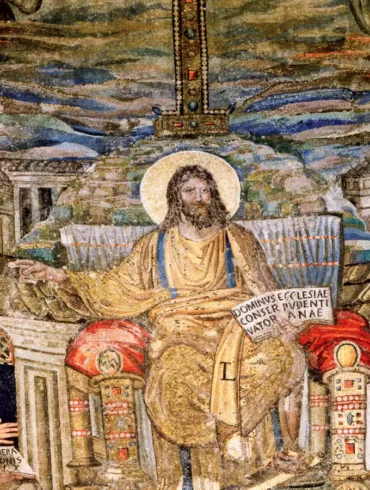 Christ in Majesty mosaic detail showing Christ enthroned with apostles and architectural background in Santa Pudenziana Rome