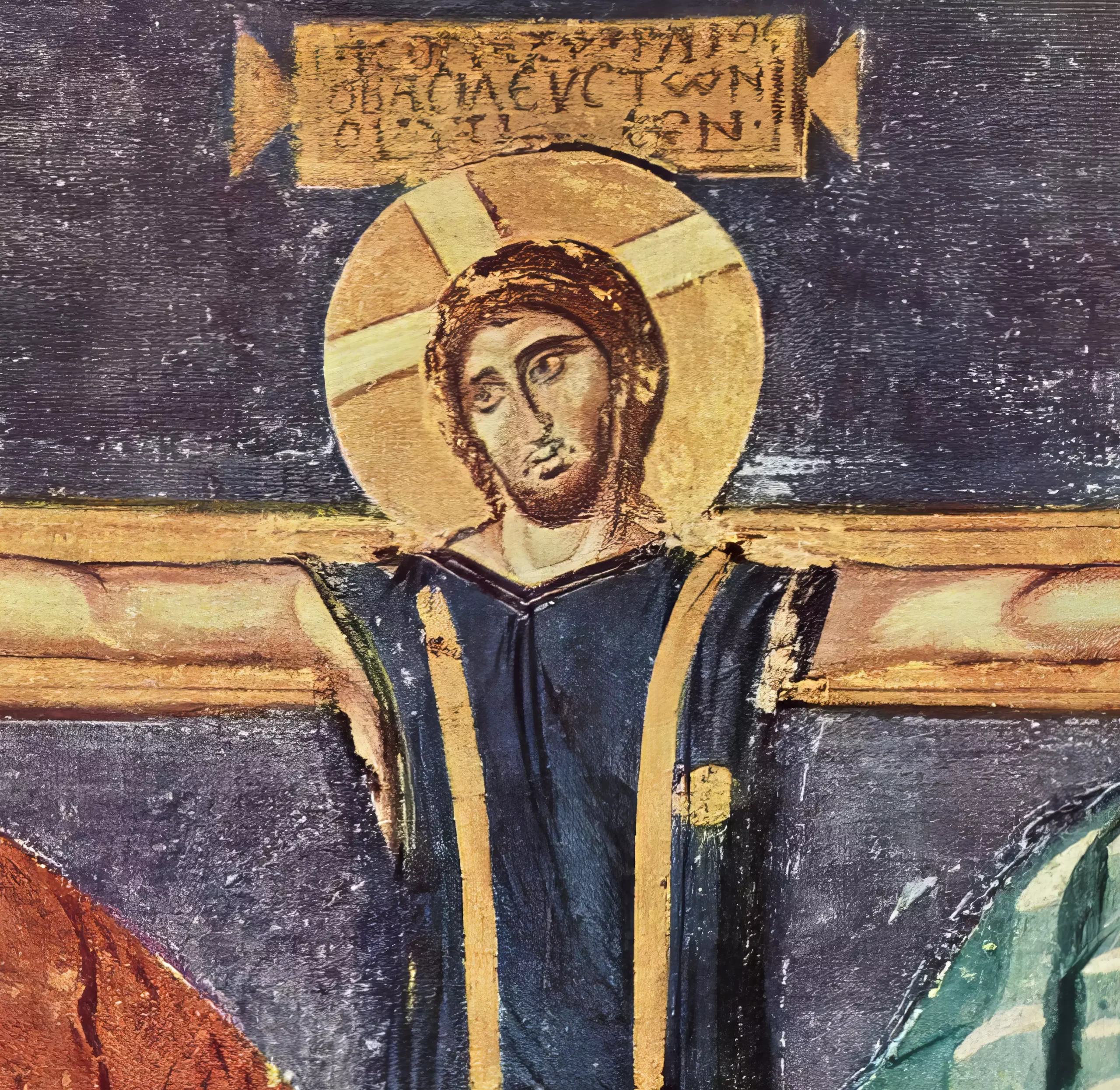 Detail from the Santa Maria Antiqua Crucifixion fresco showing Christ's face and nimbus, Unknown Master (741-752 AD), Santa Maria Antiqua Church, Rome