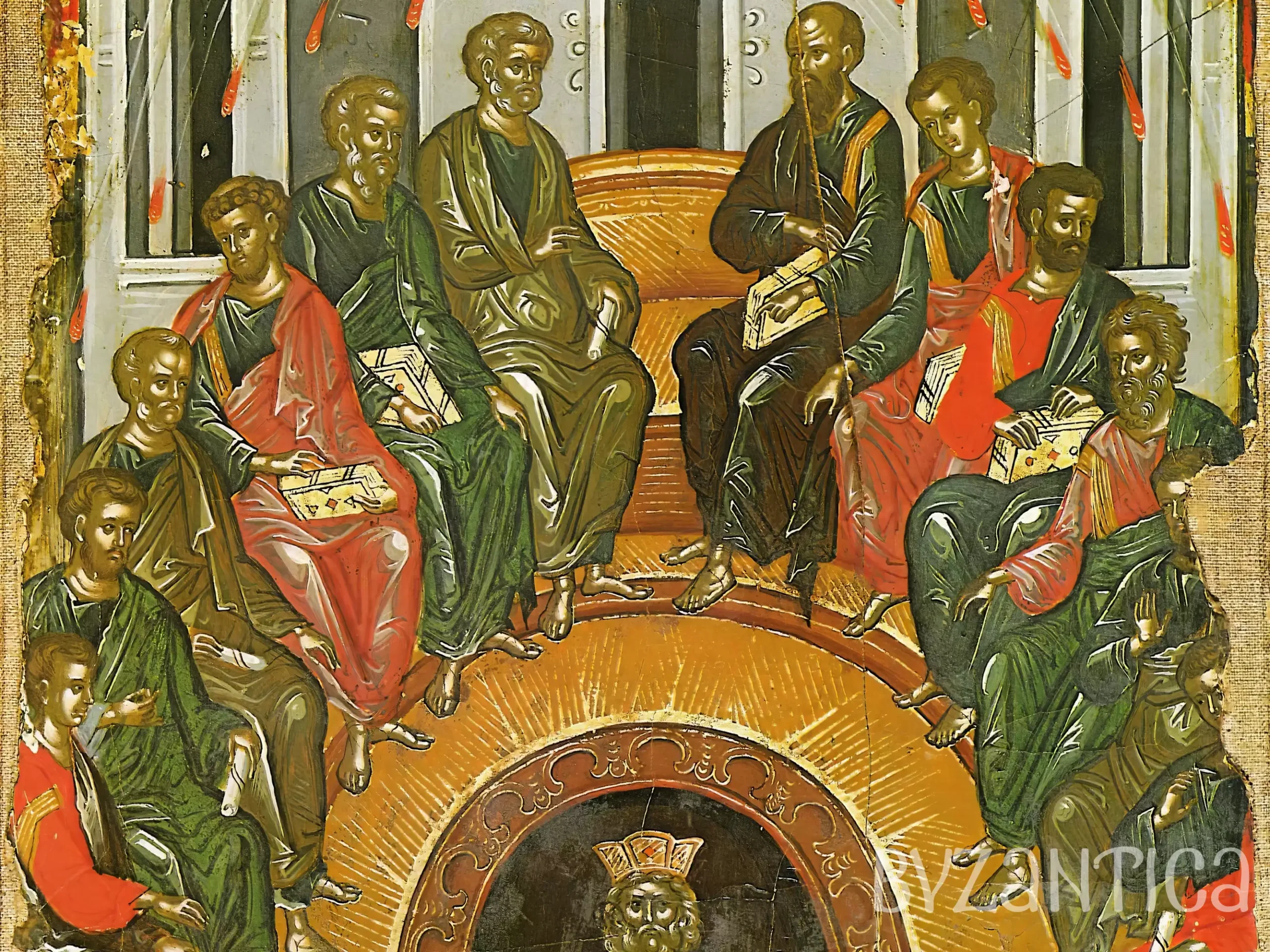 Apostles seated in semi-circular arrangement detail from Pentecost in Stavronikita by Theophanes Byzantine icon