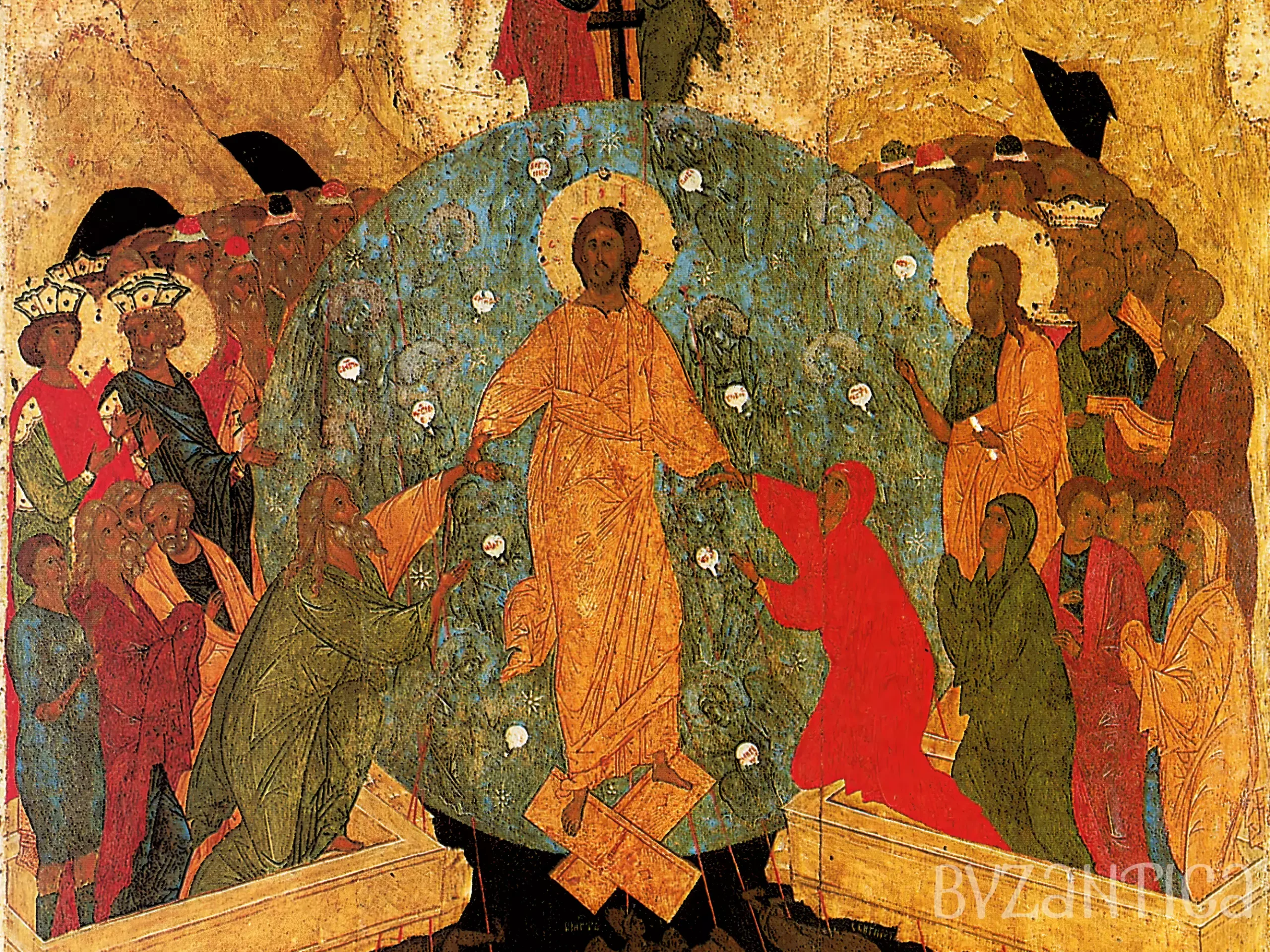 A detail from The Descent into Hades icon by Dionysius showing Christ's mandorla and central figures