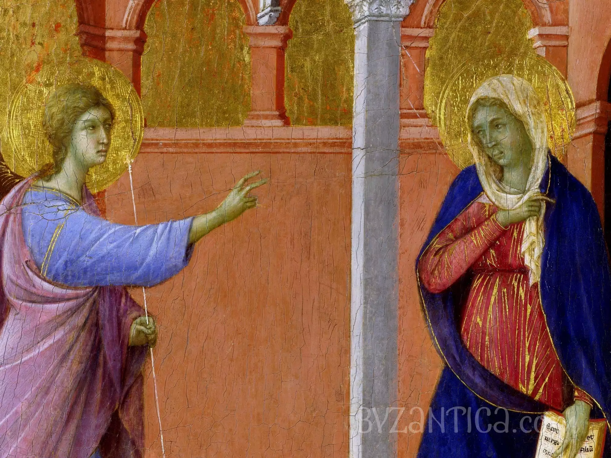 Close-up detail from Duccio's Annunciation tempera panel showing contemplative gaze