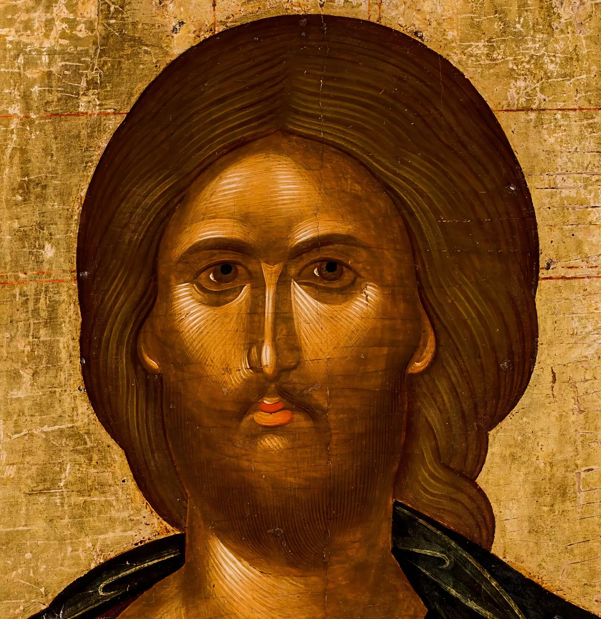 Detail showing Christ's face from Pantocrator icon by Angelos Akotantos, 15th century Byzantine icon