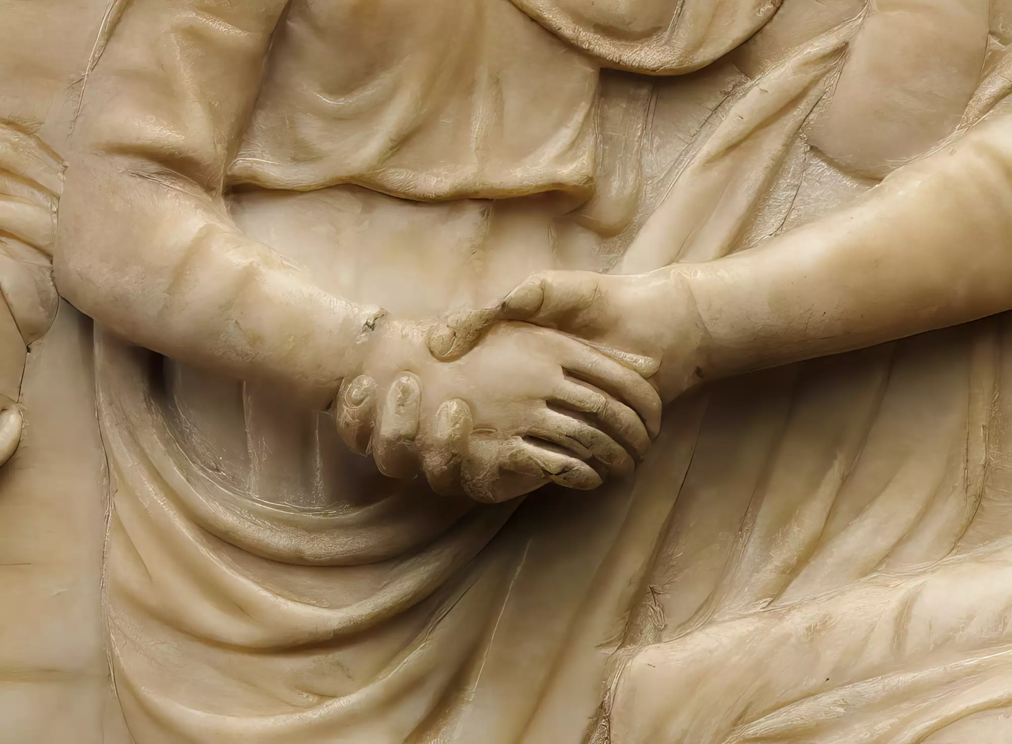 Detail of clasped hands from the marble relief sculpture "Saint Bridget of Sweden Receiving the Rule of Her Order" by Agostino d'Antonio di Duccio (1459), showing intricate drapery folds and expressive gesture.