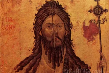 Striking facial detail from John the Forerunner in Kerkyra icon showing masterful Byzantine technique and spiritual depth