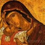 Close-up detail of Kardiotisa by Akotantos showing tender embrace between Virgin Mary and Christ child in Byzantine icon