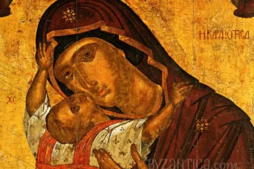 Close-up detail of Kardiotisa by Akotantos showing tender embrace between Virgin Mary and Christ child in Byzantine icon