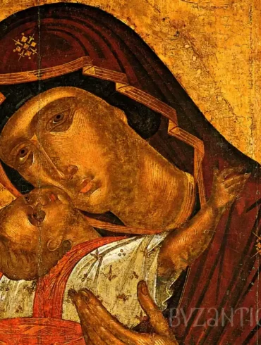 Close-up detail of Kardiotisa by Akotantos showing tender embrace between Virgin Mary and Christ child in Byzantine icon