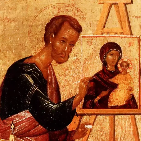 Detail showing Saint Luke's contemplative face in three-quarter view from a 16th century Byzantine icon depicting him painting the Virgin Hodegetria