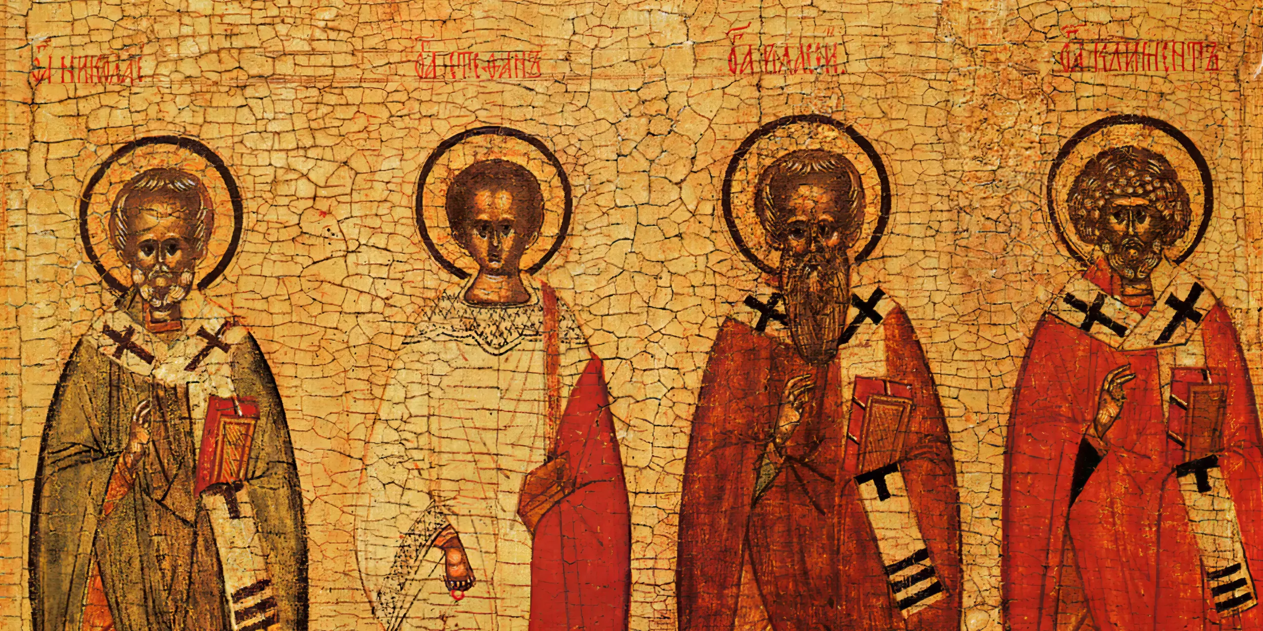 Detail showing four hierarchs in red and green vestments against gold ground, from Saints with Virgin of the Sign icon, Pskov School, 15th century AD