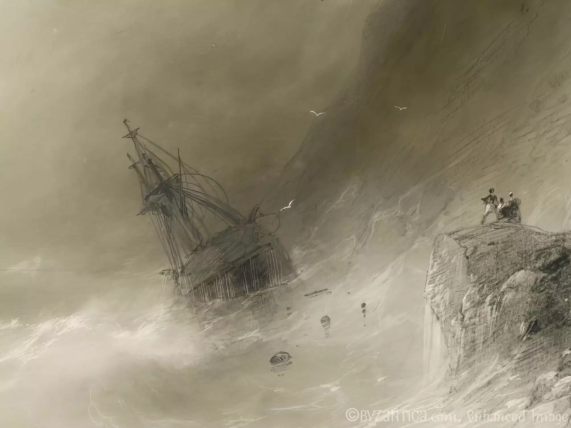 Detail from Shipwreck by Aivazovsky: storm-tossed ship and rocky cliffs in gouache painting