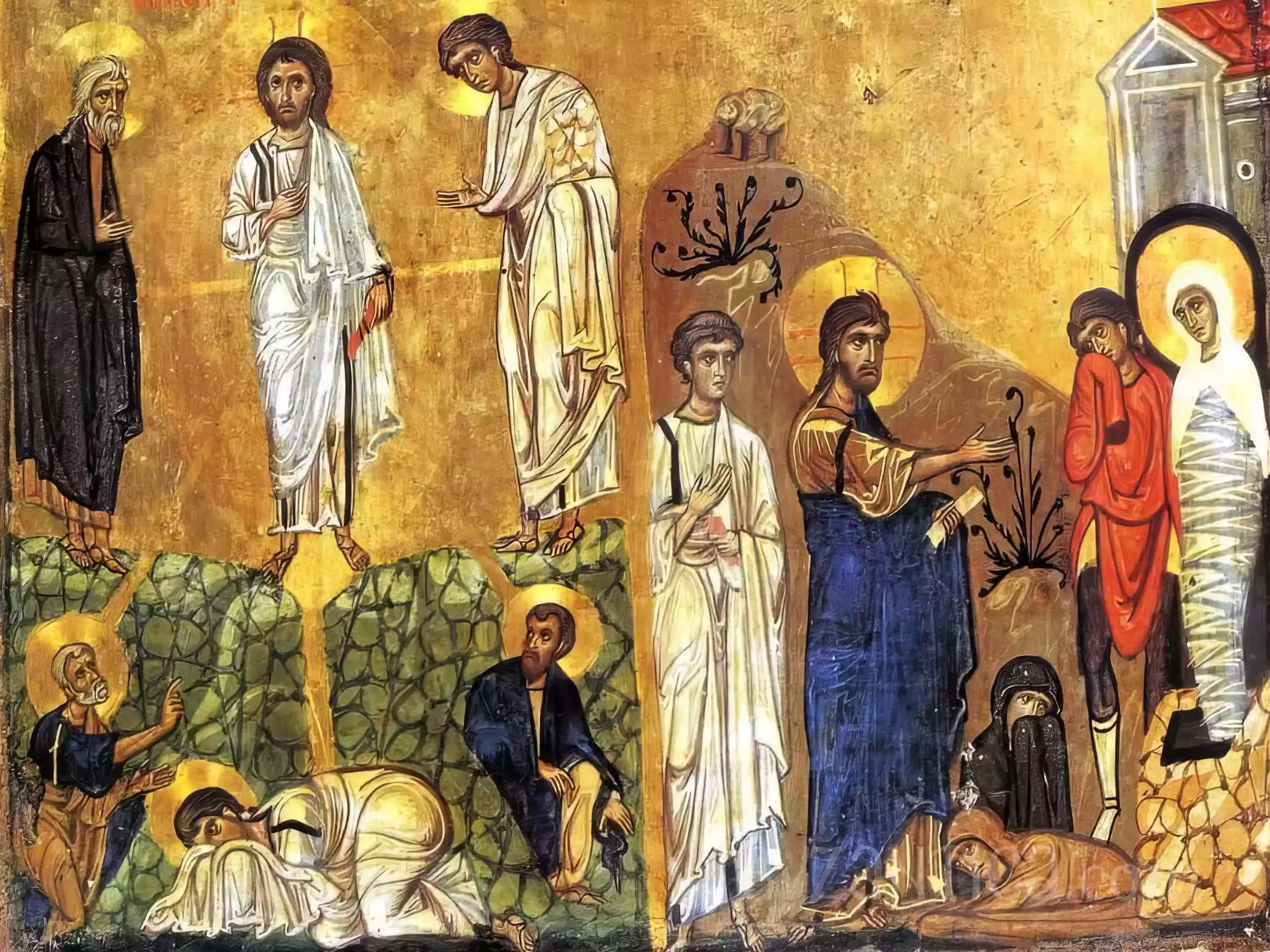 Lower register detail showing Transfiguration and Raising of Lazarus from Tetraptych Dodekaorton Byzantine icon