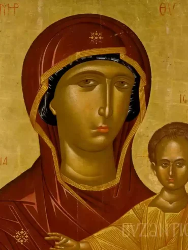 A detailed view of Virgin Hodegetria with Child by Lambardos showing Mary's contemplative gaze in this Byzantine masterpiece