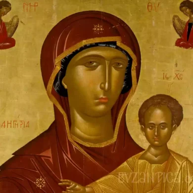 A detailed view of Virgin Hodegetria with Child by Lambardos showing Mary's contemplative gaze in this Byzantine masterpiece