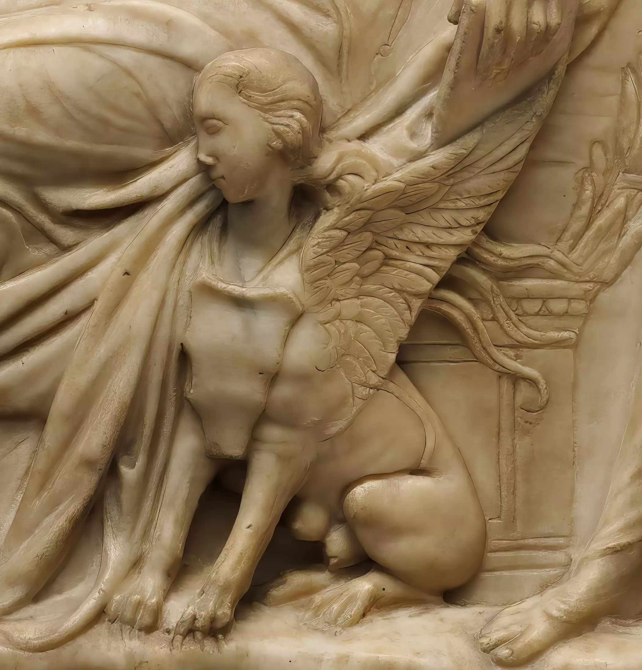 Detail of a kneeling angel with intricately carved wings from "Saint Bridget of Sweden Receiving the Rule of Her Order" marble relief by Agostino di Duccio (1459).