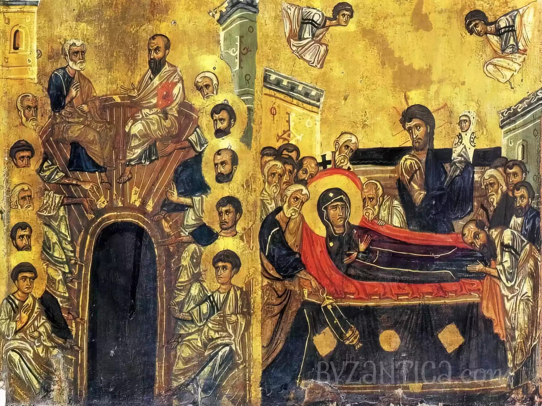 Lower register detail of Tetraptych Dodekaorton at Sinai showing apostles in byzantine icon