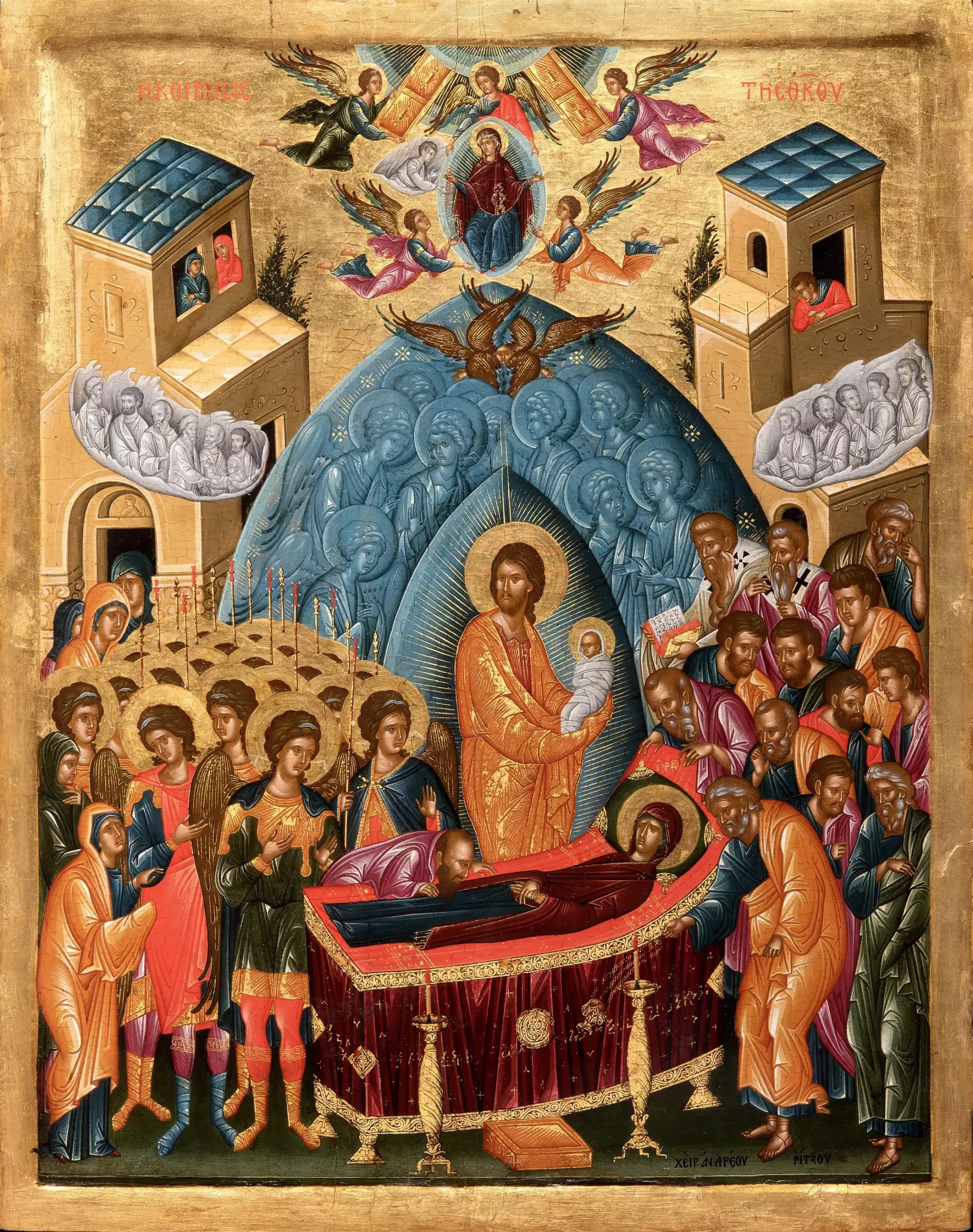 Full composition of Dormition icon by Andreas Ritzos showing divine transition moment in UHD clarity