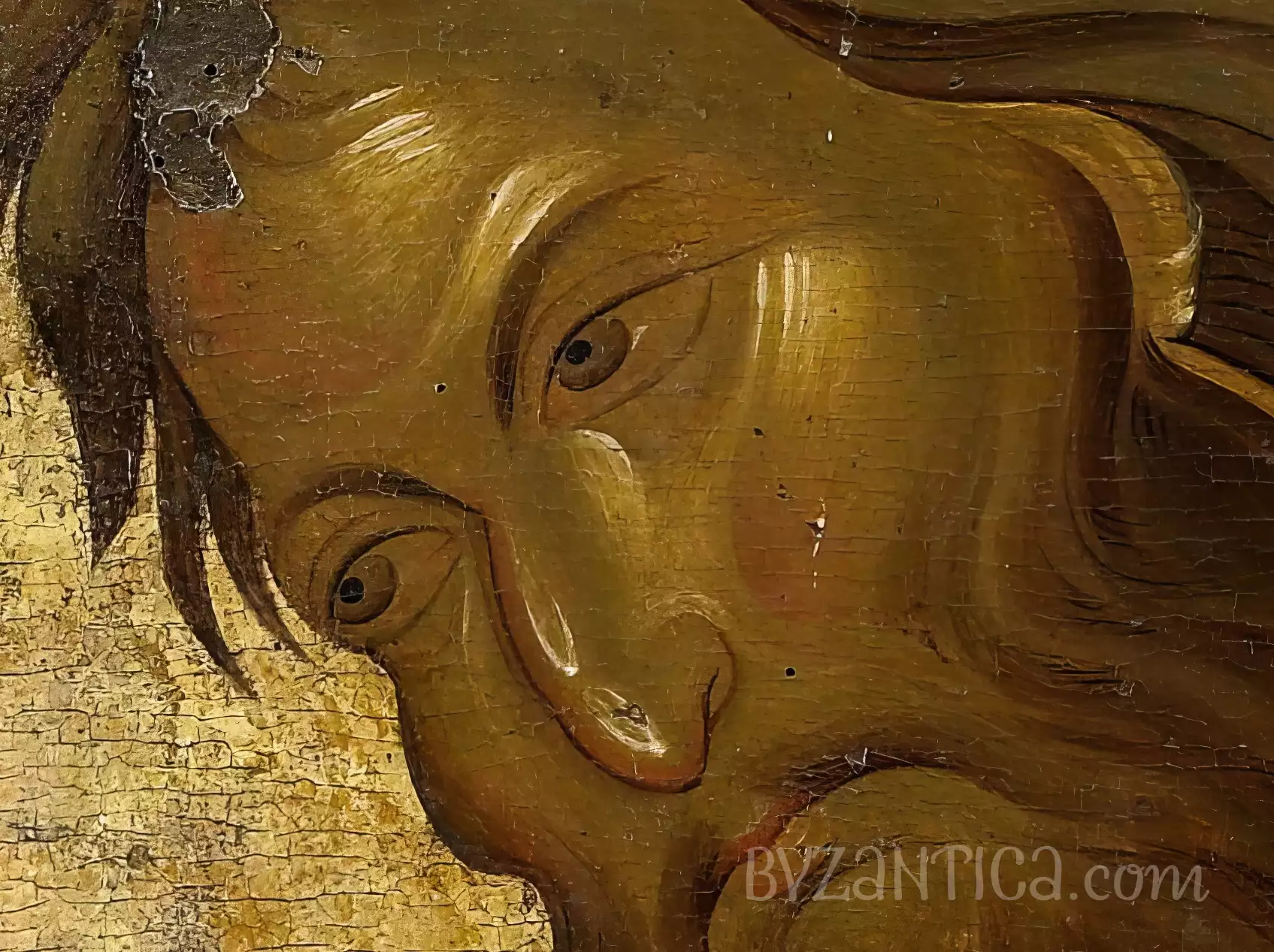 Eye and brow detail from Saint John Baptist in Vatopedi Byzantine icon masterpiece