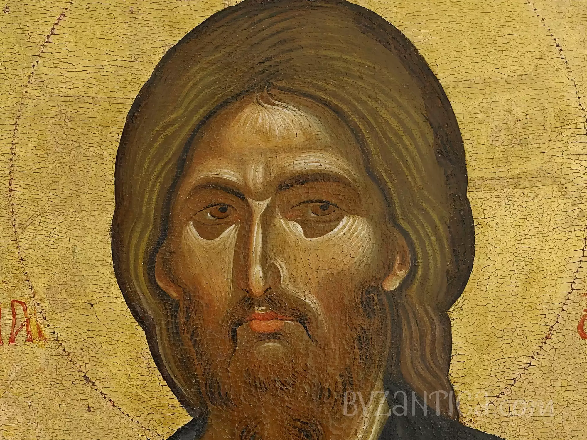 Piercing eyes detail from Christ Pantocrator in Vatopedi Byzantine icon, showing deep spiritual gaze