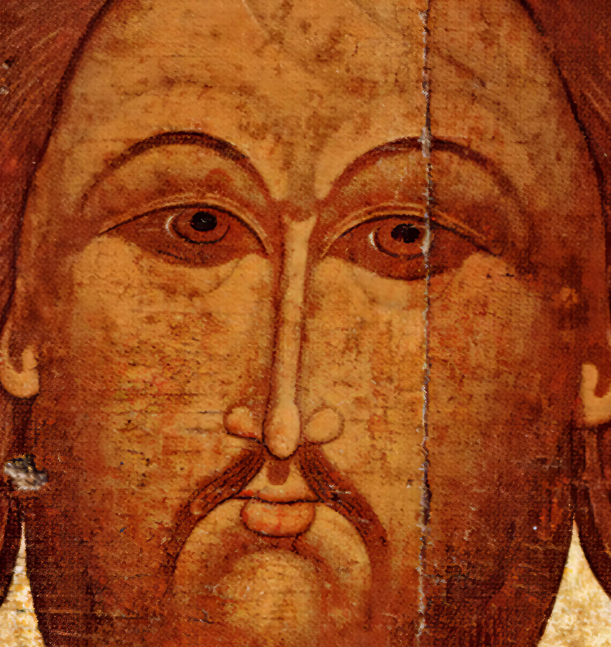 Close-up detail of Christ's eyes and nose from the Holy Face Acheiropoietos icon by an unknown Novgorod master, showing intricate Byzantine technique