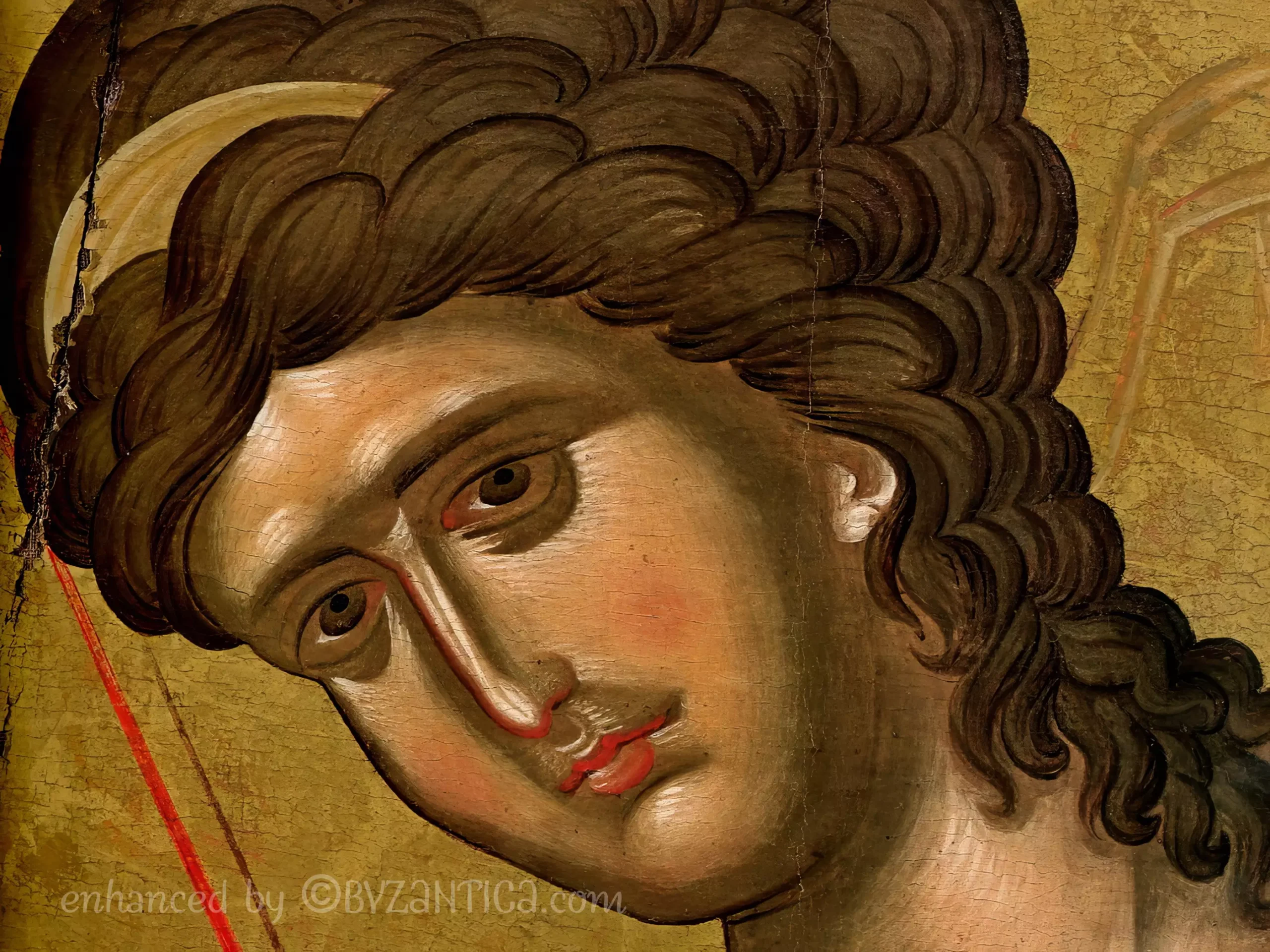 Close-up detail of Archangel Gabriel in Vatopedi Byzantine icon showing facial features on gold ground