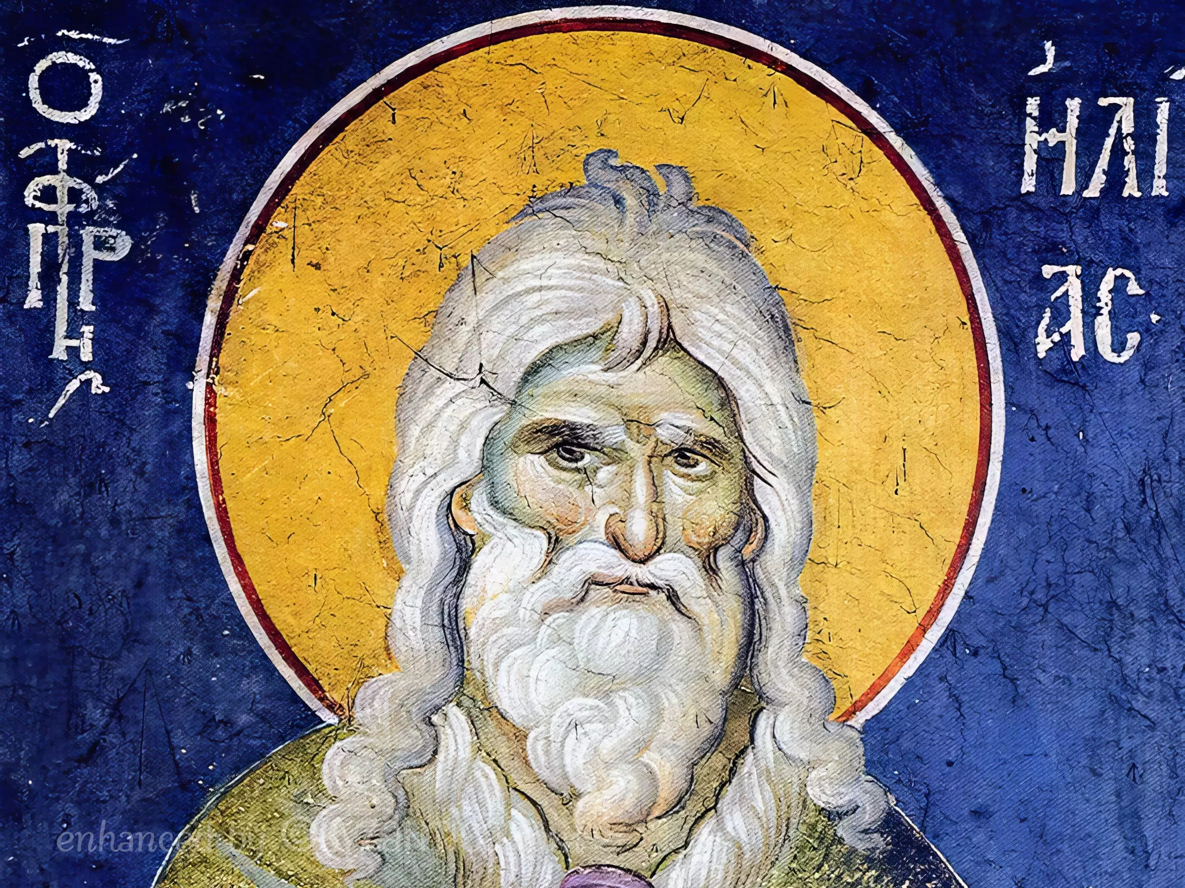 Prophet Elias by Panselinos detail showcasing the facial features of the prophet in Byzantine fresco technique