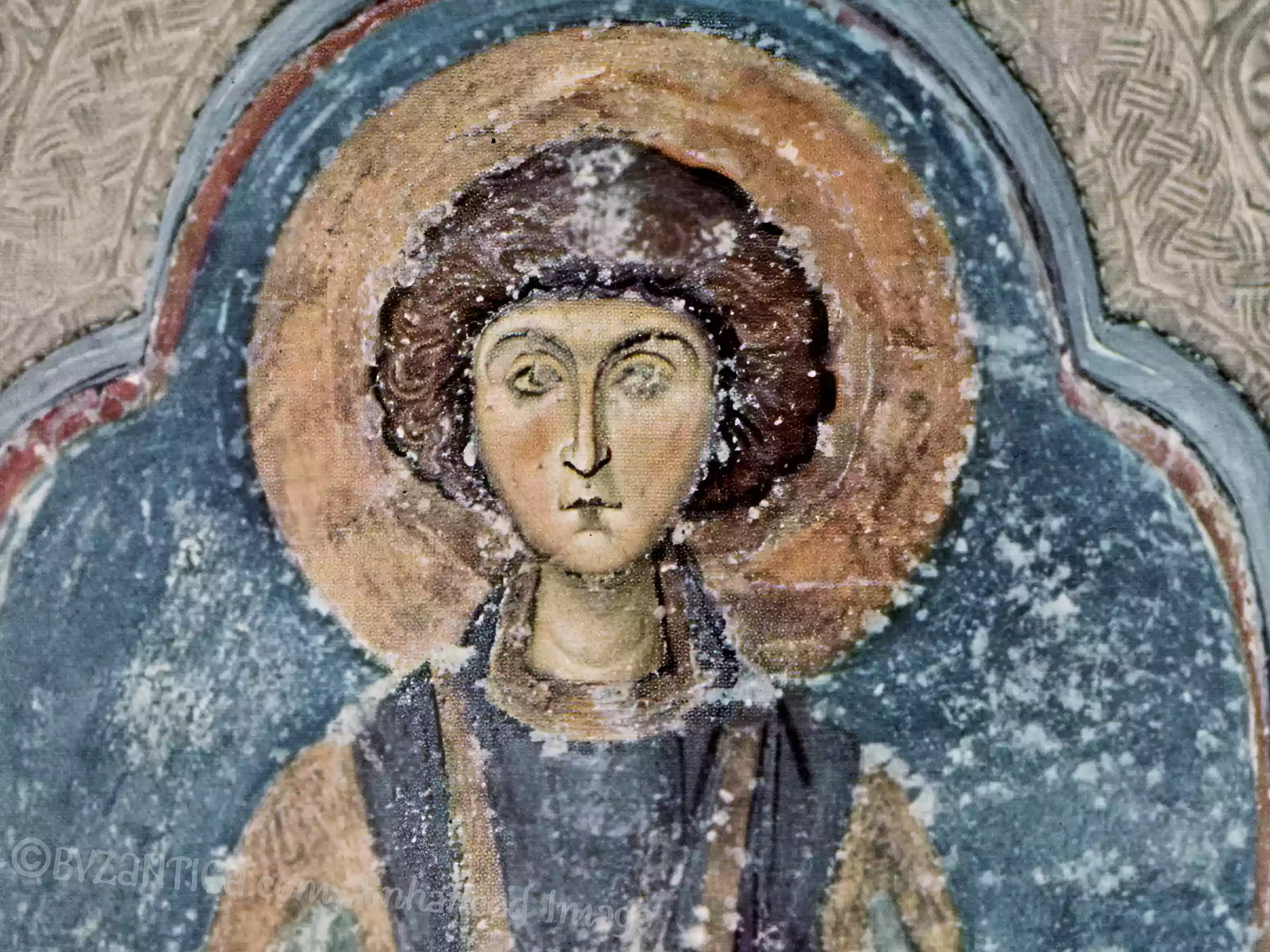 Saint Pantaleon (Panteleimon) at Nerezi detail from Byzantine fresco reveals exquisite facial features