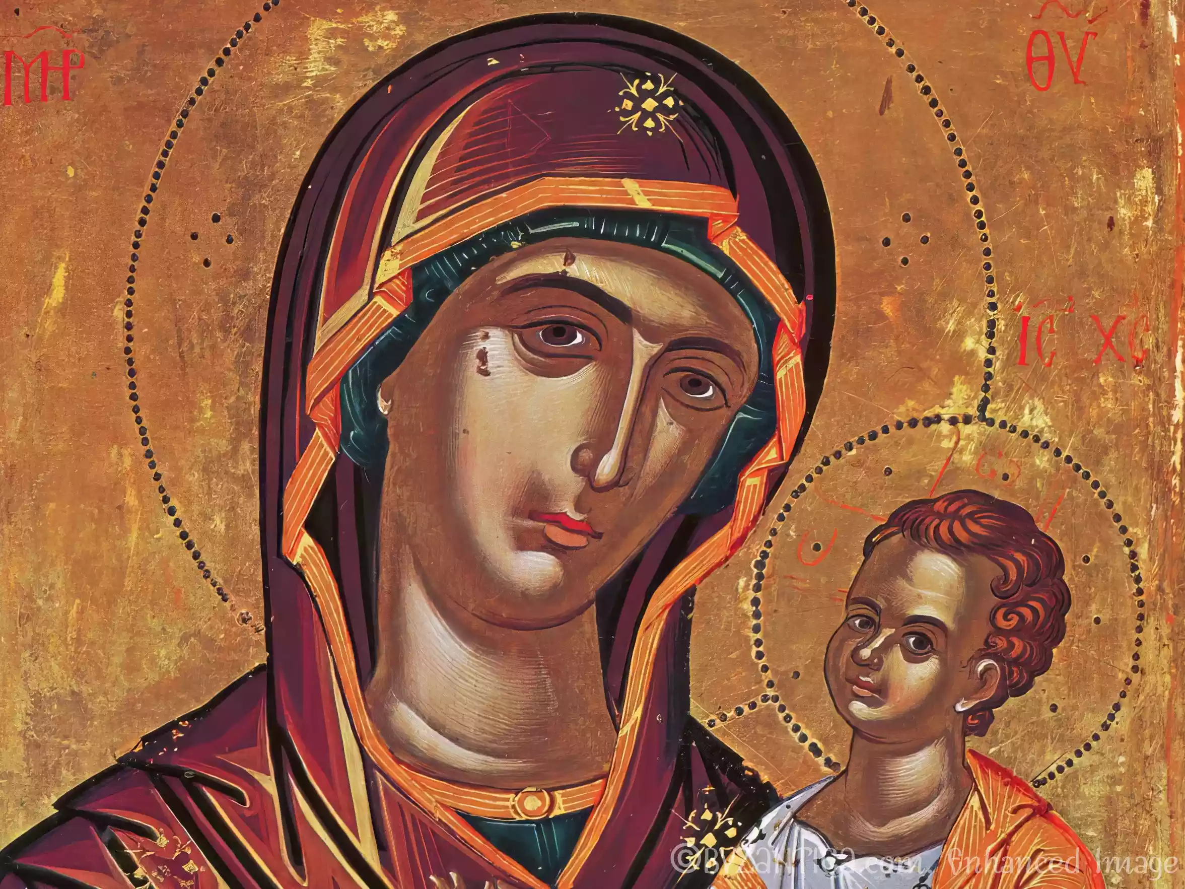 A detailed view of Mary's face from Theophanes' Virgin Hodegetria Byzantine icon artwork