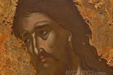 Detailed close-up of Saint John Baptist in Princeton icon showing the saint's intense expression against golden background