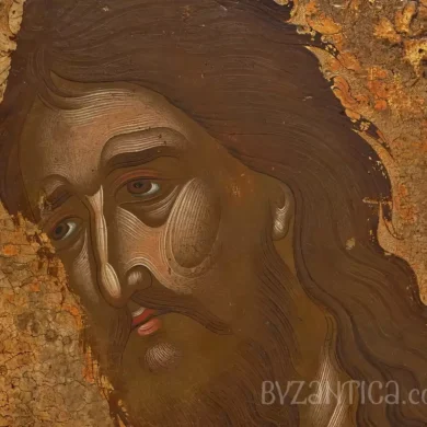 Detailed close-up of Saint John Baptist in Princeton icon showing the saint's intense expression against golden background