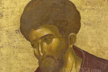 Detailed view of Saint Luke Evangelist in Vatopedi showing contemplative expression and masterful Byzantine technique