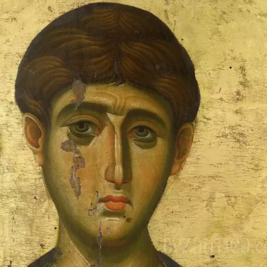 Detailed view of Saint Demetrios in Vatopedi icon showing the saint's face against golden background with expert brushwork