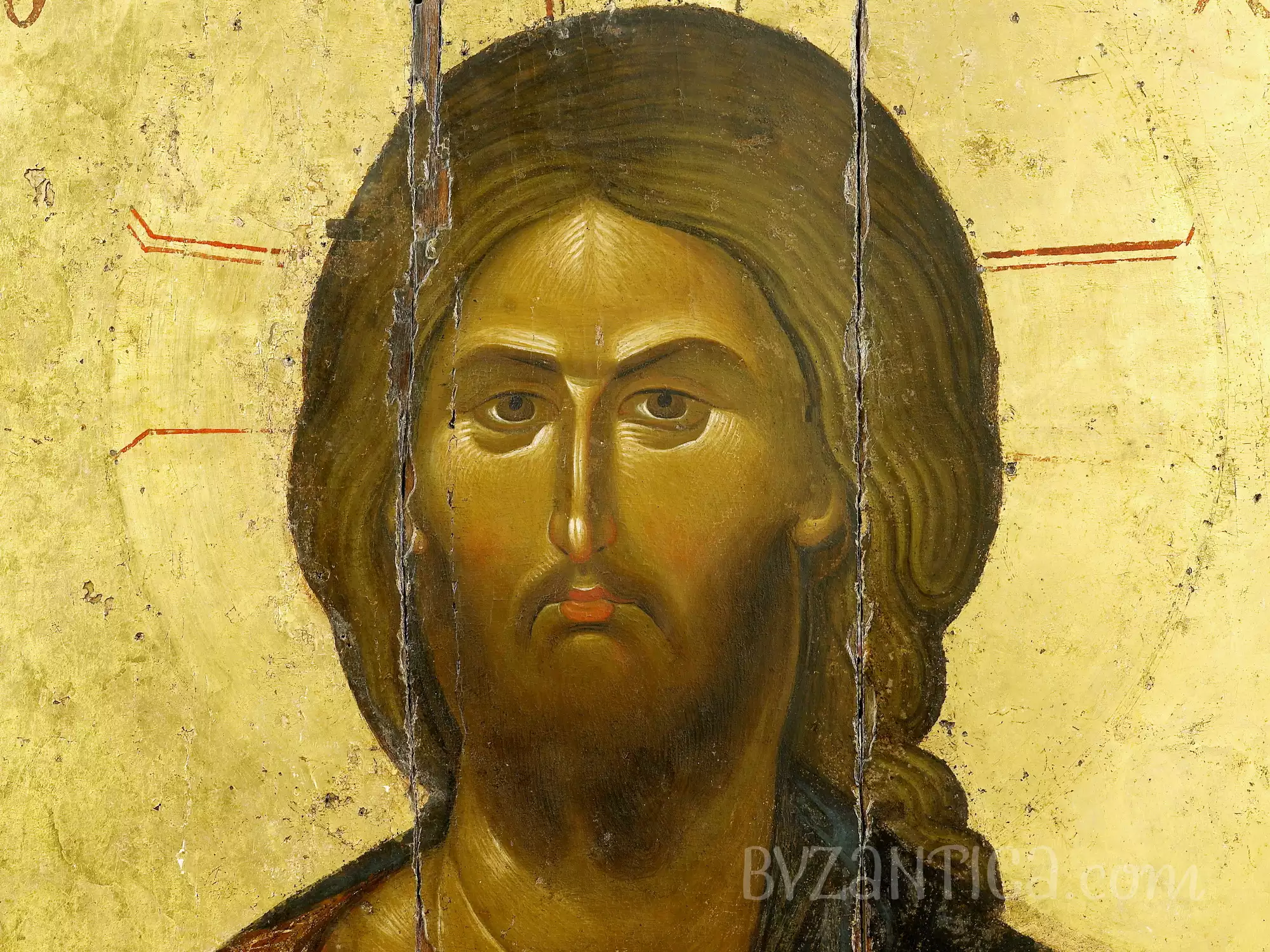 Facial detail from Christ Pantocrator at Vatopediou byzantine icon showing penetrating eyes