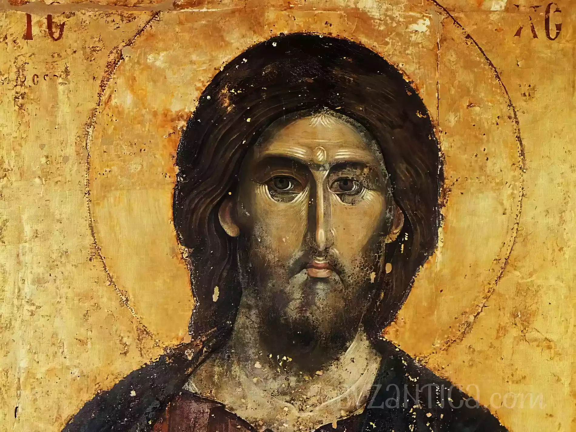 Detail of Christ Pantocrator in Hilandar showing intense gaze and facial features in Byzantine icon