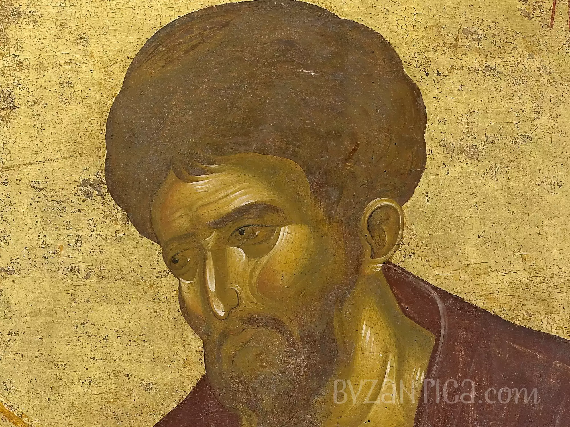 Detailed face close-up of Saint Luke Evangelist in Vatopedi Byzantine icon showing contemplative expression